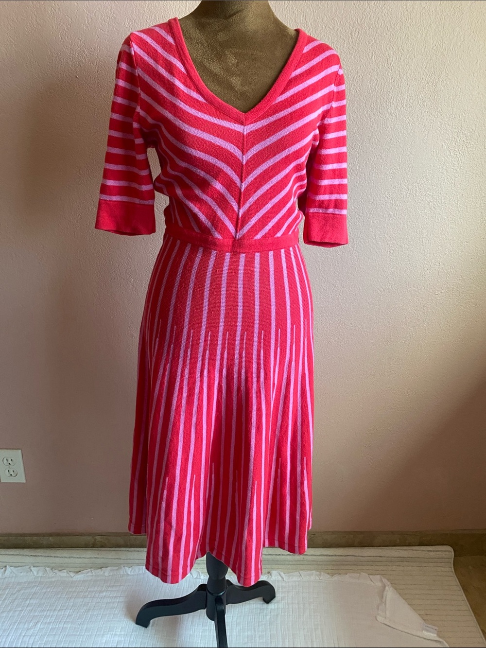 BODEN  Pink and Light Pink Striped V‑Neck Midi Dress